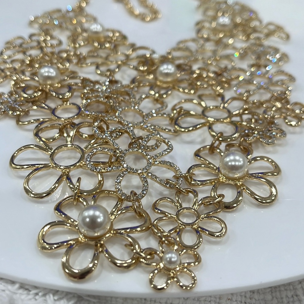 77. M HASKELL NECKLACE PEARL AND CRYSTAL FLOWER NECKLACE APROX 30 inch EXQUISITE